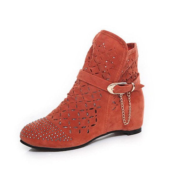 Big Size Buckle Rivet Beaded Hollow Out Ankle Flat Boots