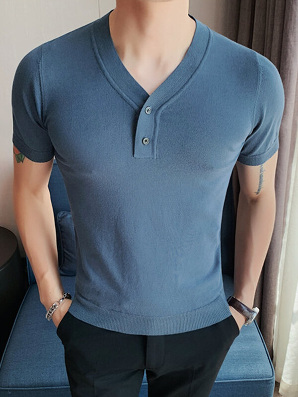 T-shirt da uomo a maniche corte in maglia con scollo a V e design con bottoni