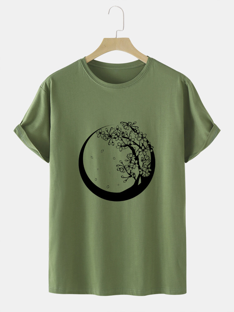 

Plum Blossom Print 100% Cotton T-Shirts, Black;white;gray;apricot;army green;blue