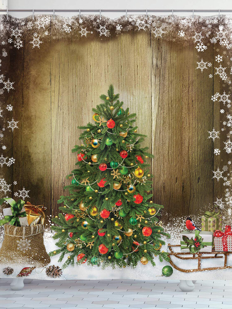 <US Instock>Christmas Tree Fabric Shower Curtain Gifts Sleigh Presents Holiday Bath Decor