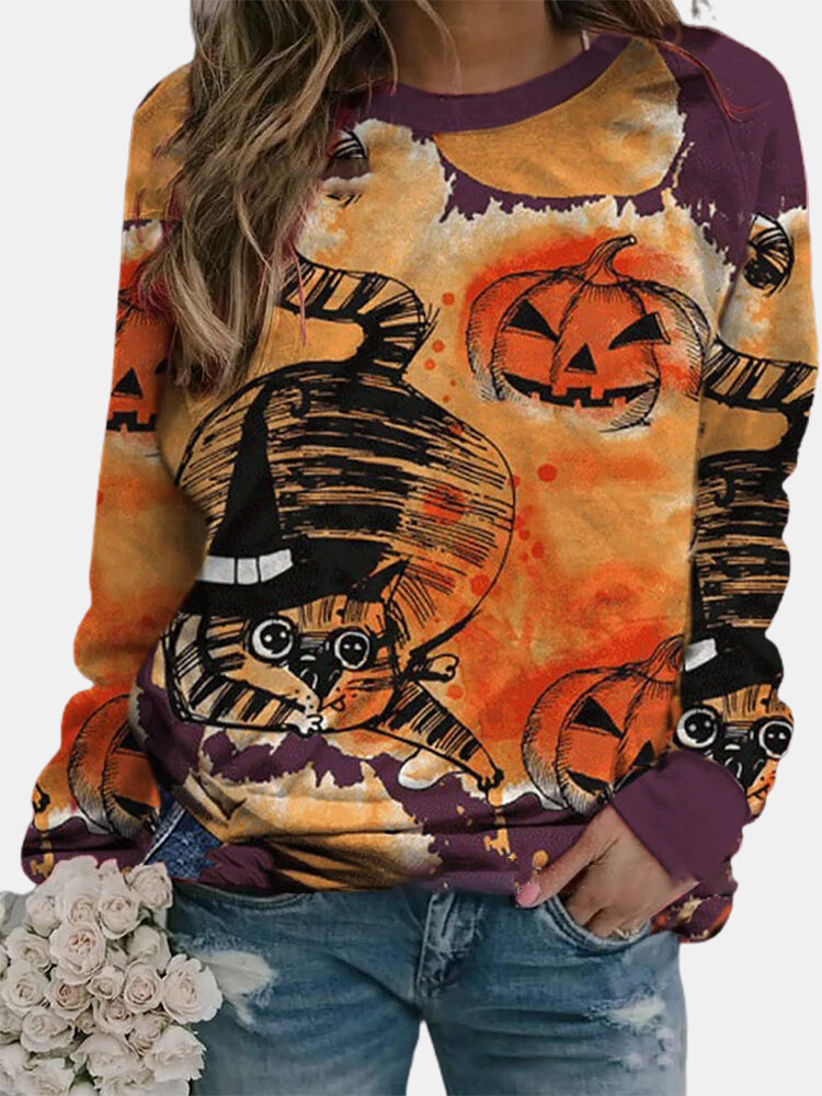Funny Cat Pumpkin Print O-neck Plus Size T-shirt
