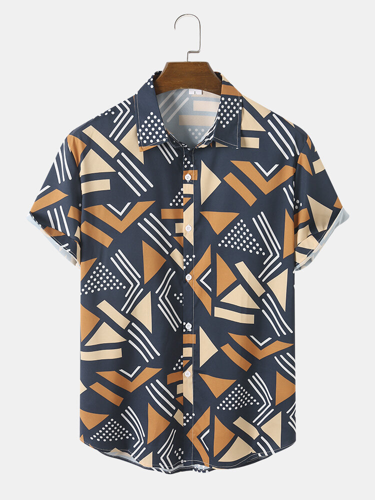 Mens Geometric Polkadot Print Button Up Short Sleeve Shirts