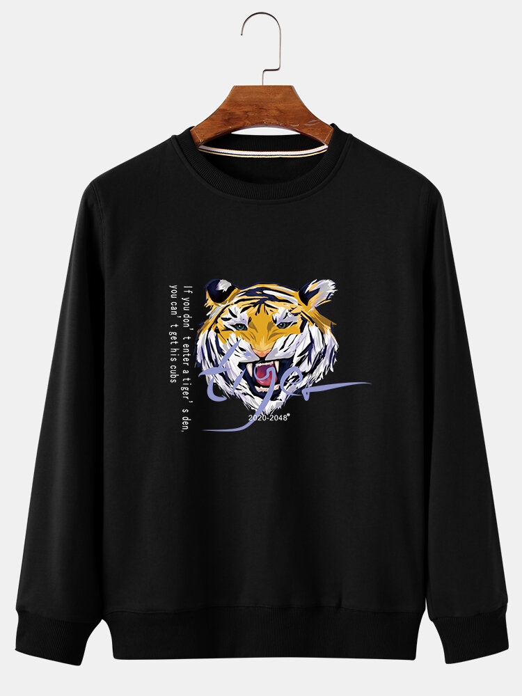 Mens Letter Tiger Chest Print Cotton Relaxed Fit Daily Crew Neck Pullover Sweatshirts от Newchic WW