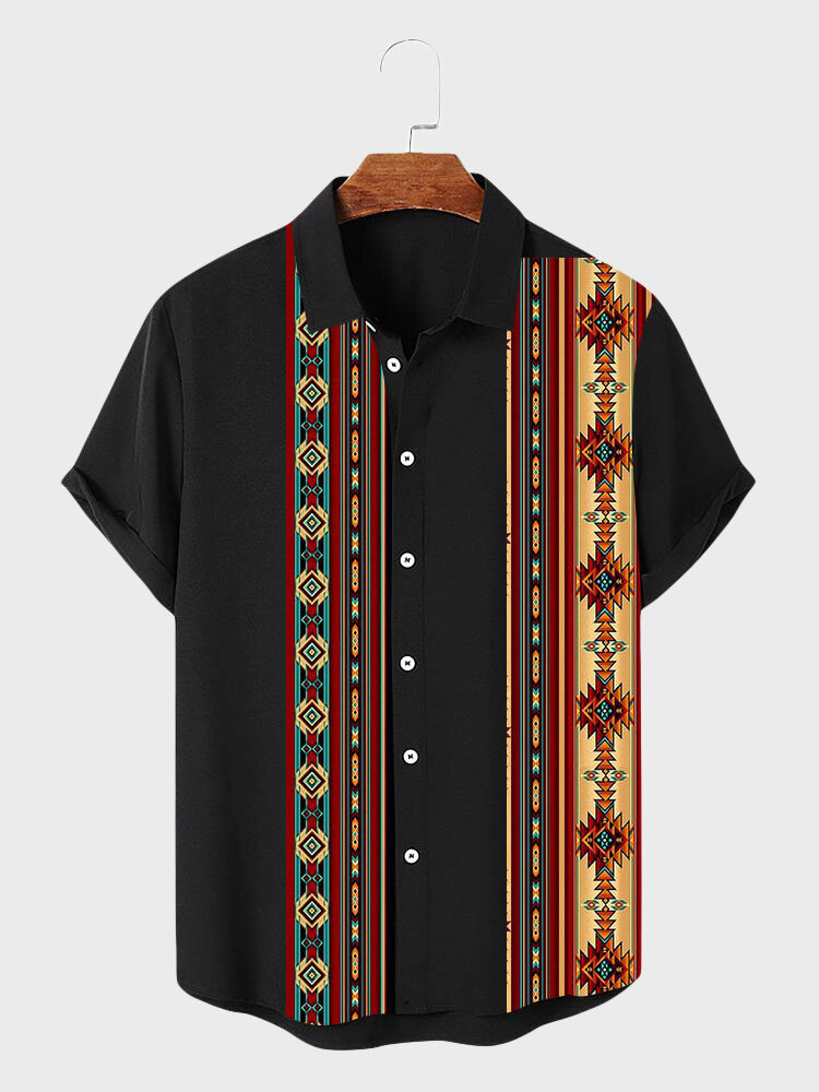 

Mens Ethnic Geometric Striped Print Patchwork Lapel Short Sleeve Shirts, Black