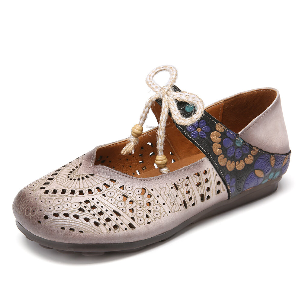 Retro Leather Burnished Cutouts Knot Elastic Strap Splicing Floral Flat Shoes