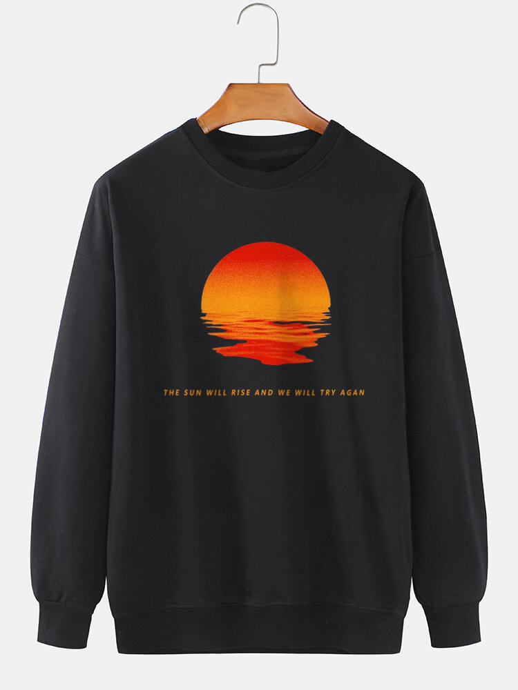 Mens Sunrise Slogan Print Crew Neck Cotton Casual Pullover Sweatshirts