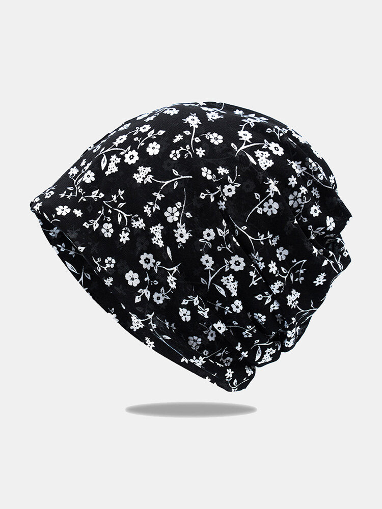Women Chiffon Dual-use Overlay Floral Printed Elastic Casual Scarf Beanie Hat