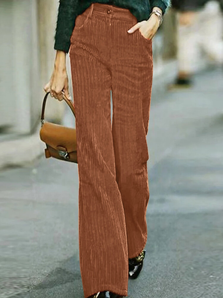 Women Solid Corduroy Casual Straight Pants With Pocket