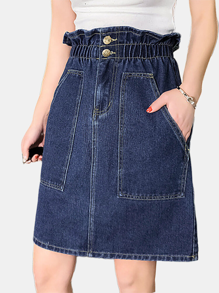 Solid color high waist  button denim  skirt