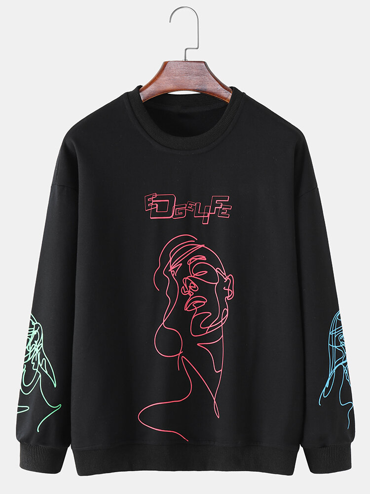 Mens Line Drawing Abstract Face Print Crew Neck Street Loose Sweatshirts