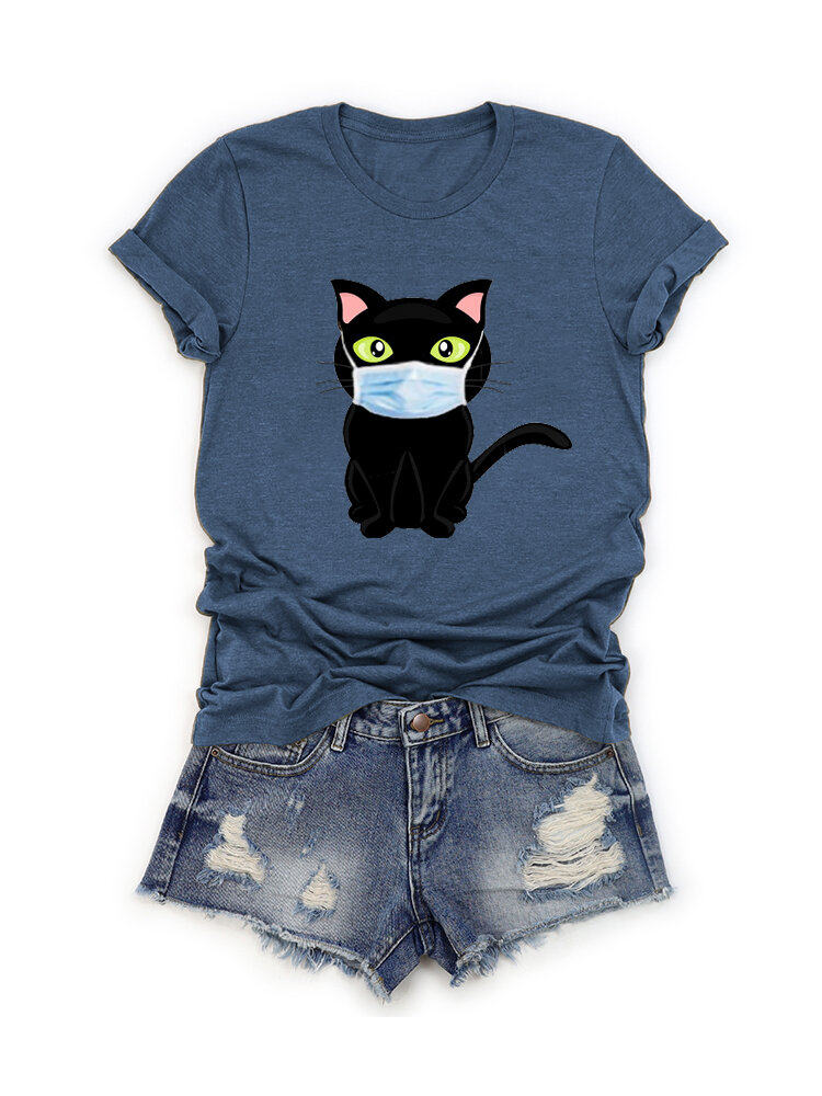 Cartoon Cat Printed Short Sleeve O-Neck T-shirt For Women