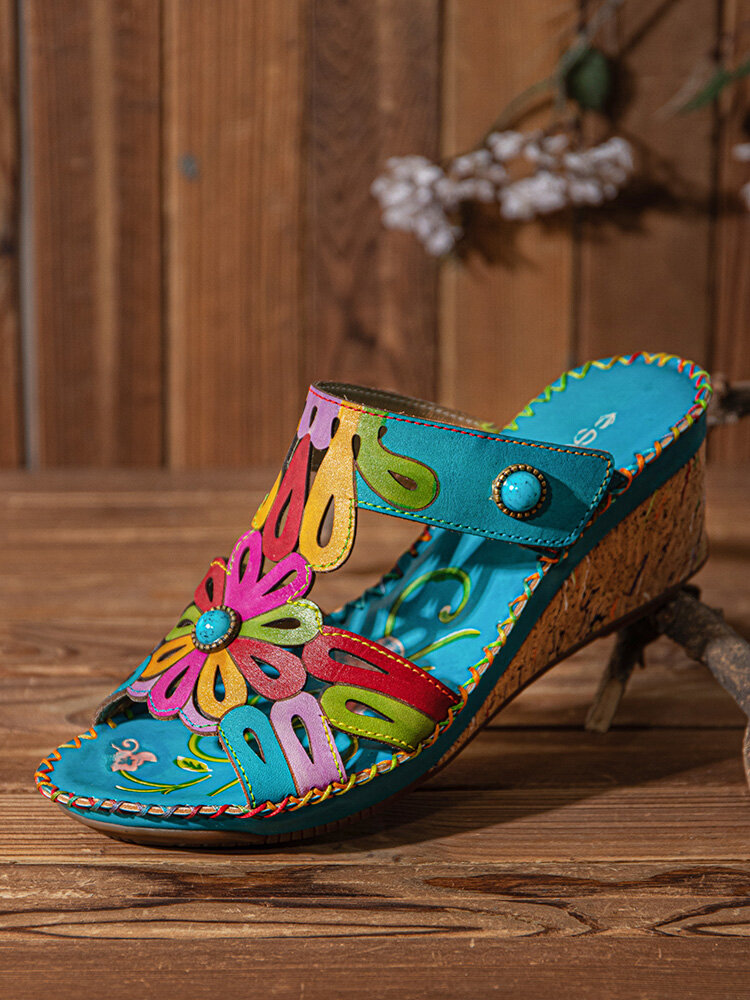 Socofy Bohemian Flower Decor Beading Genuine Leather Stitching Wedges Comfy Hook Loop Sandals
