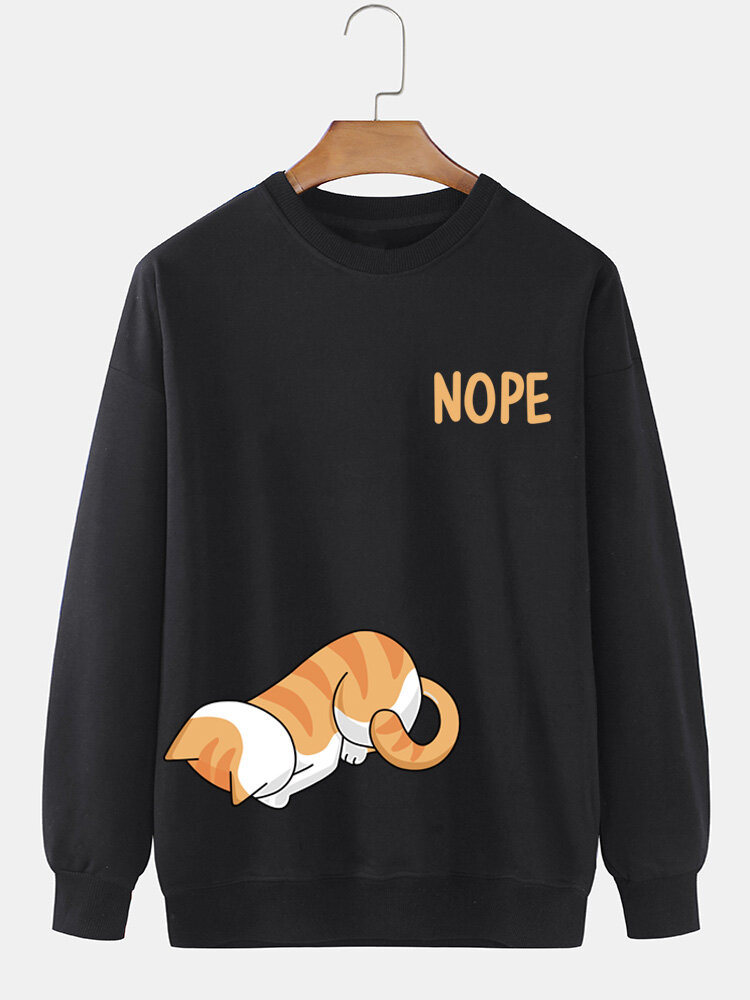 Mens Cartoon Cat Letter Print Crew Neck Pullover Sweatshirts