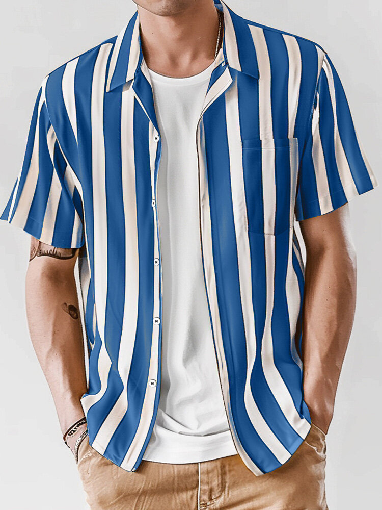 Mens Striped Chest Pocket Casual Short Sleeve Shirts