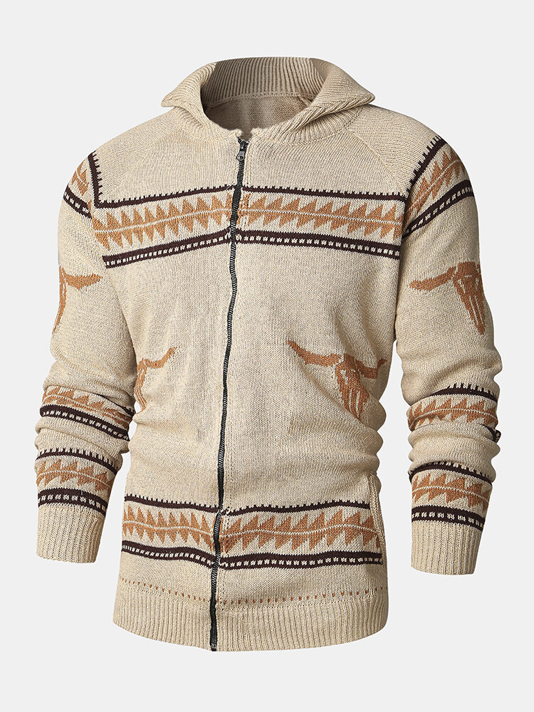 Mens Ethnic Style Vintage Zipper Front Casual Fit Sweater Jackets