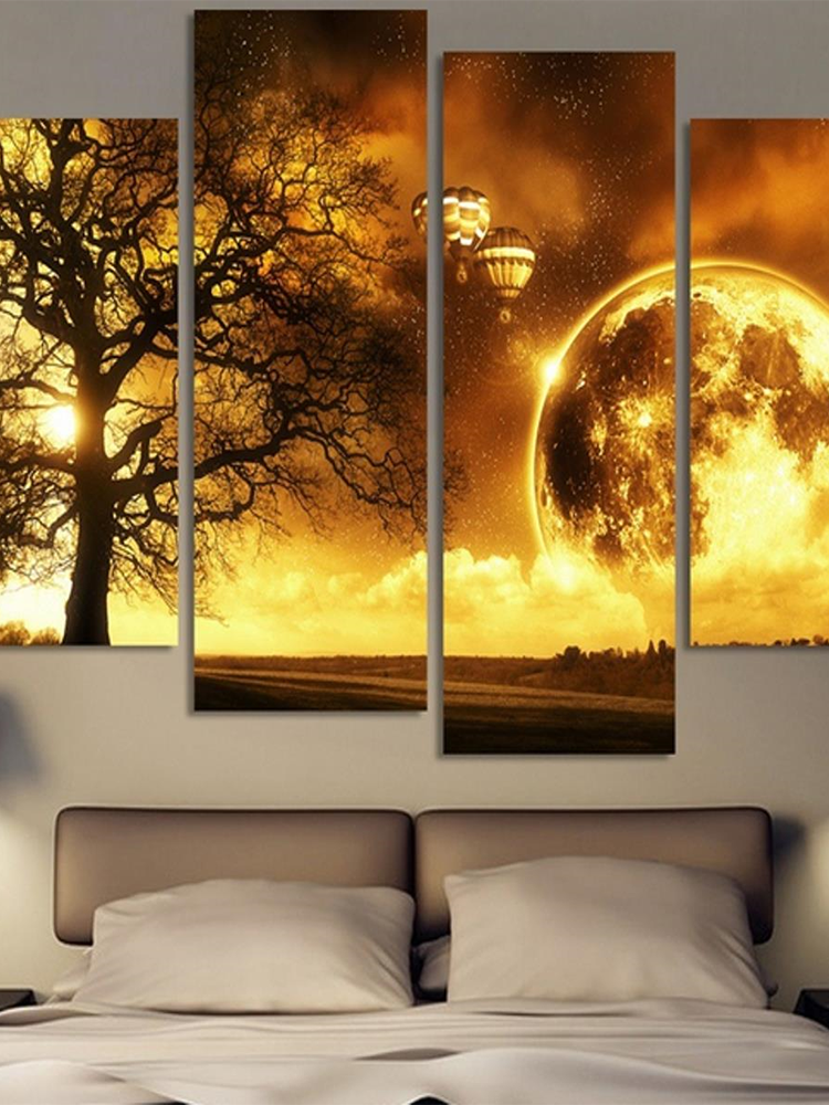 4Pcs Modern Abstract Canvas Painting Frameless Wall Art Yellow Moon Bedroom Living Room Home Decor