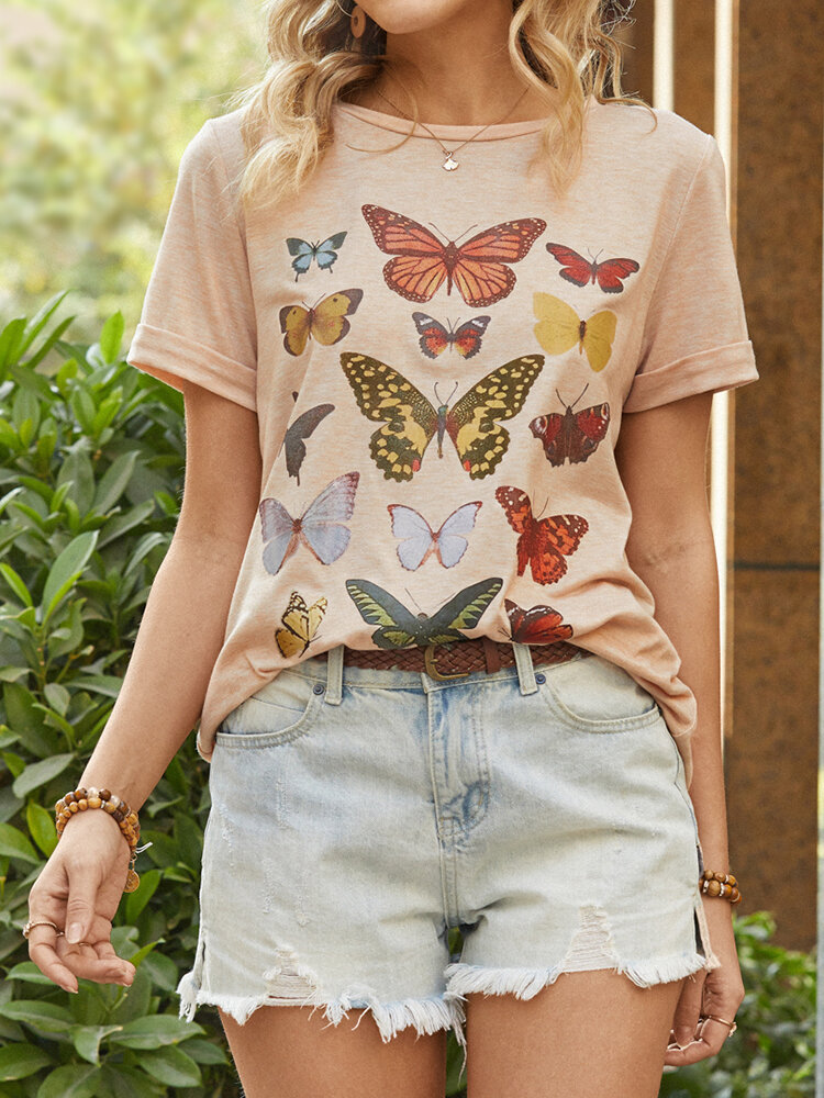 Butterfly Print Short Sleeve O-neck Casual T-Shirt For Women