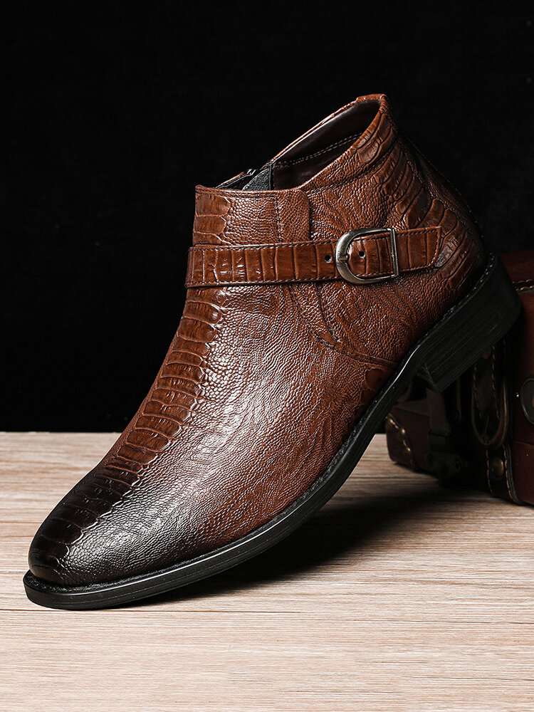 Men Stylish Crocodile Pattern Zipped Inside Leather Ankle Dress Boots