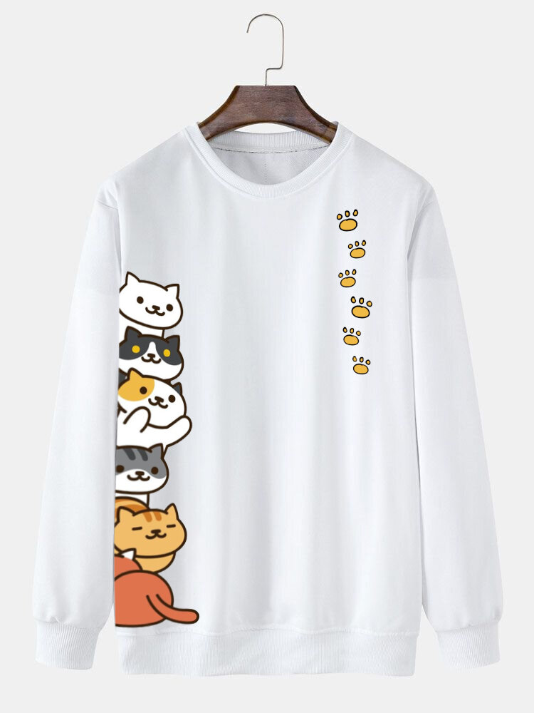 ChArmkpR Mens Cute Cat Side Print Crew Neck Pullover Sweatshirts Winter