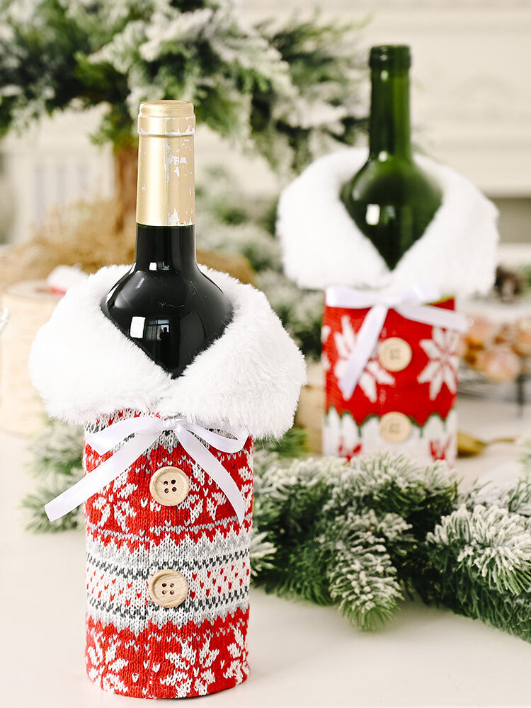1 Pc Christmas Plaid Wine Bottle Bag Knitted Button Snowflake Christmas Table Decorations