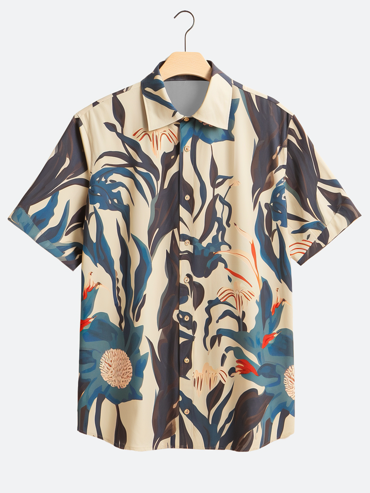 

Mens Abstract Plant Print Lapel Hawaiian Vacation Short Sleeve Shirts, Apricot