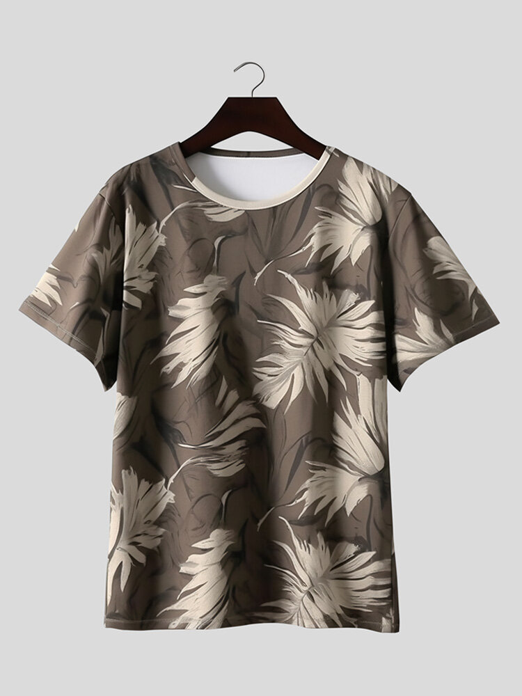 

Mens Tropical Plant Print Hawaiian Vacation Short Sleeve T-Shirts, Apricot