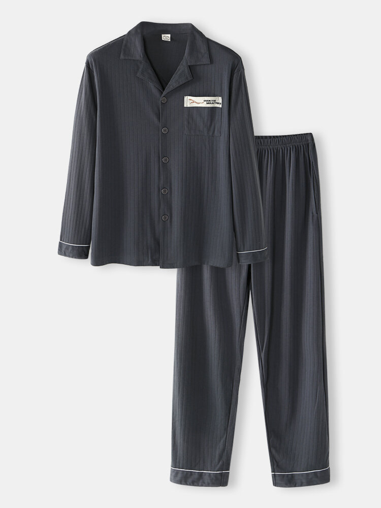 Grey Cotton Fine Grain Sleepwear Sets Long Sleeve Lapel Collar Button Chest Pocket Pajamas