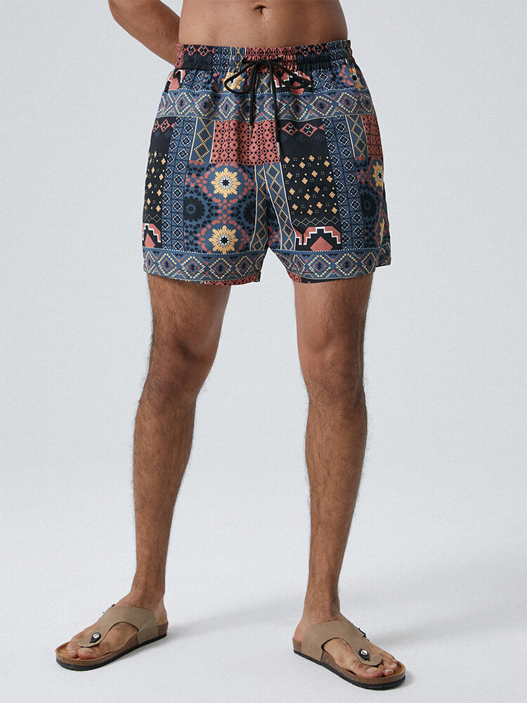 Men Ethnic Style Spliced Loose Vacation Soft Board Shorts