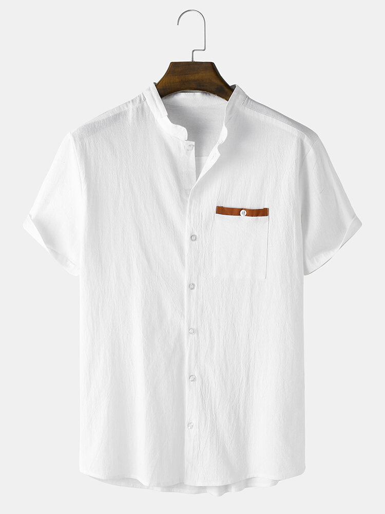 Mens Cotton Linen Stand Collar Contrast Buttoned Pocket Short Sleeve Shirts