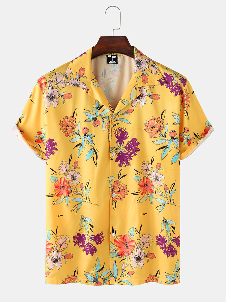 Mens Flower Print Button Up Revere Collar Short Sleeve Shirt