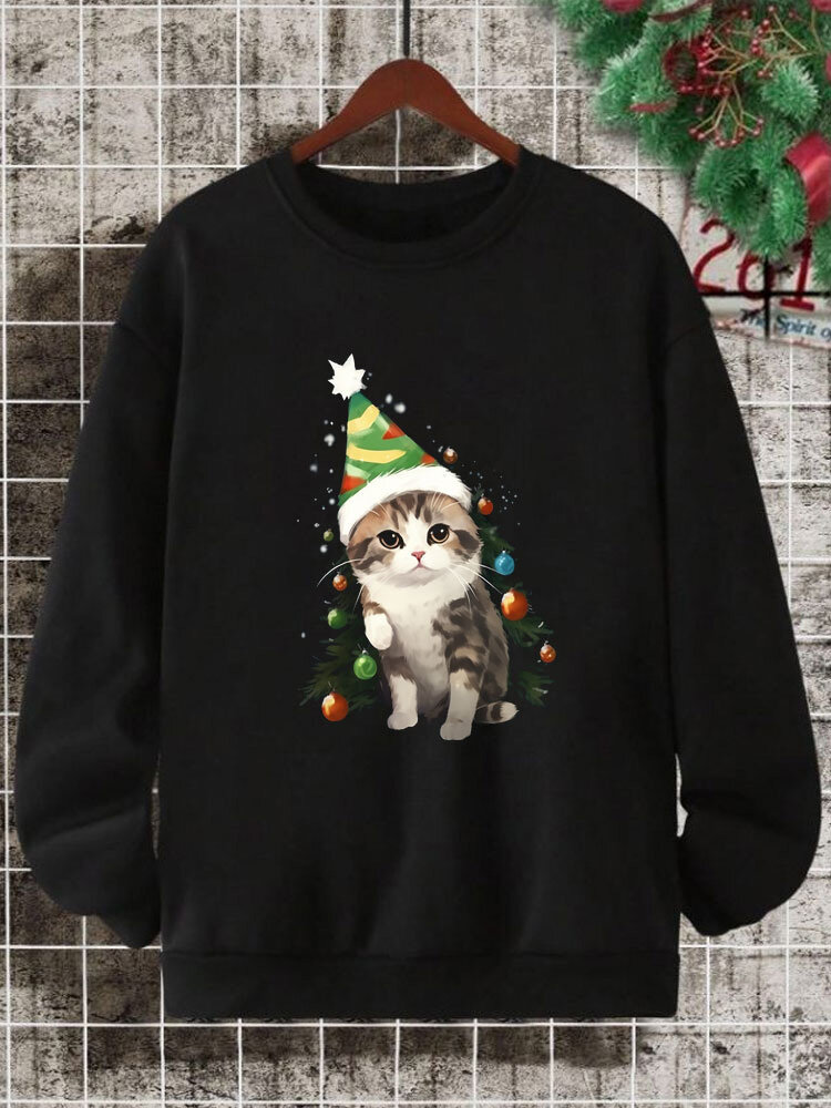 ChArmkpR Mens Christmas Tree Cat Print Crew Neck Pullover Sweatshirts Winter