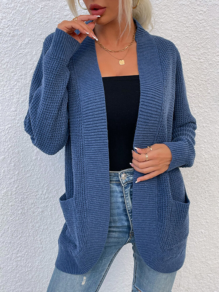 

Solid Pocket Open Front Long Sleeve Knit Cardigan, White;pink;yellow;purple;black;green;lake blue;wine red;army green;khaki;gray;dark gray;apricot;blue;coffee