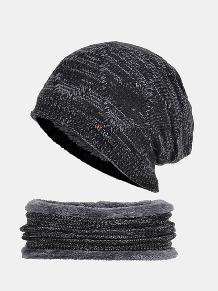 2 Pcs Men Knitted Plus Velvet Argyle Warp Knitting Letter Metal Label Ear Protection Beanie Hat Bib Scarf Set