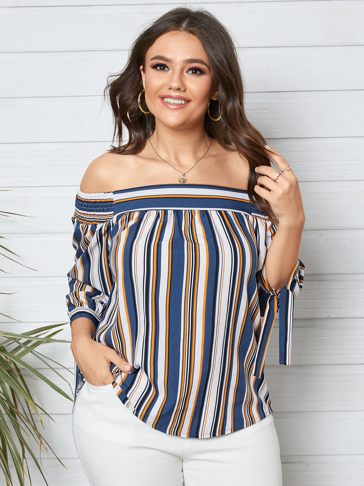 

Plus Size Off The Shoulder Striped 3/4 Length Sleeves Blouse, Yellow