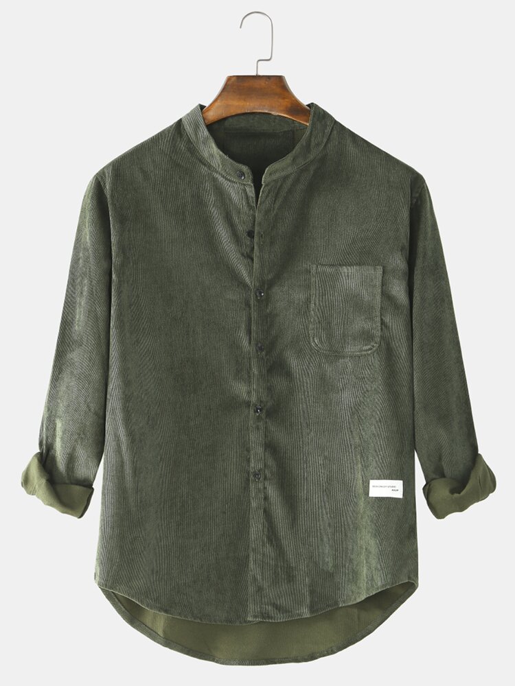 

Mens Cotton Vintage Solid Color Casual Fit Stand Collar Long Sleeve Shirts With Pocket, Grey;black;army green