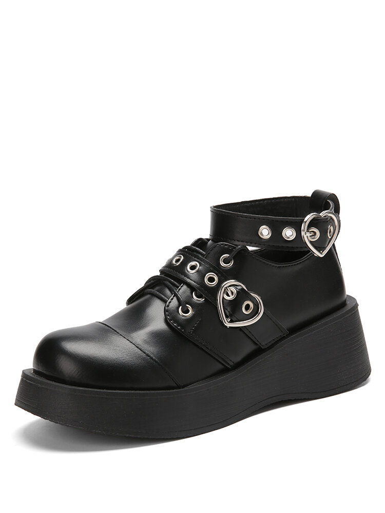 

Women Casual Stylish Buckle Lace-up Black Comfy Platforms Wedges Shoes, Matte black;glossy black