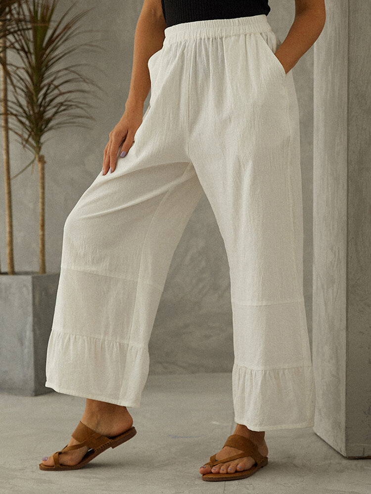 Women Solid 100% Cotton Wide Leg Pant With Pocket