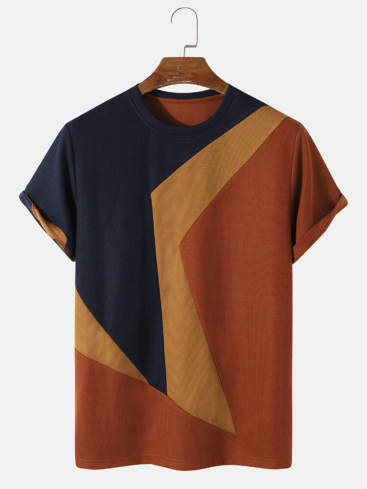 Mens Knit Irregular Color Block Stitching Preppy Short Sleeve T-Shirts