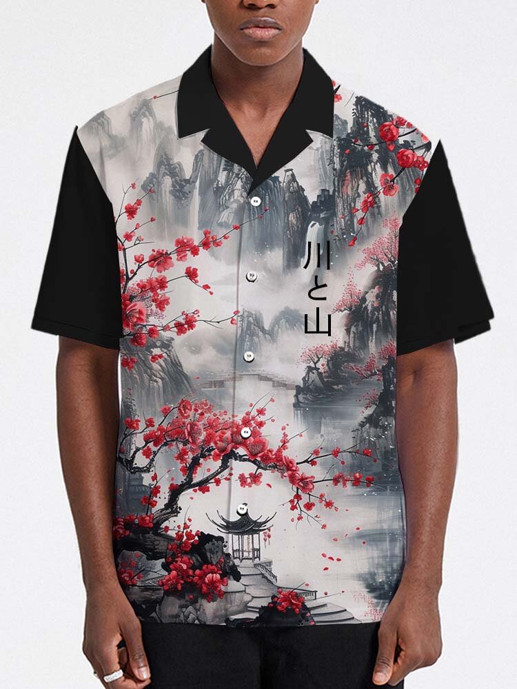 

Mens Japanese Landscape Print Revere Collar Short Sleeve Shirts, Black