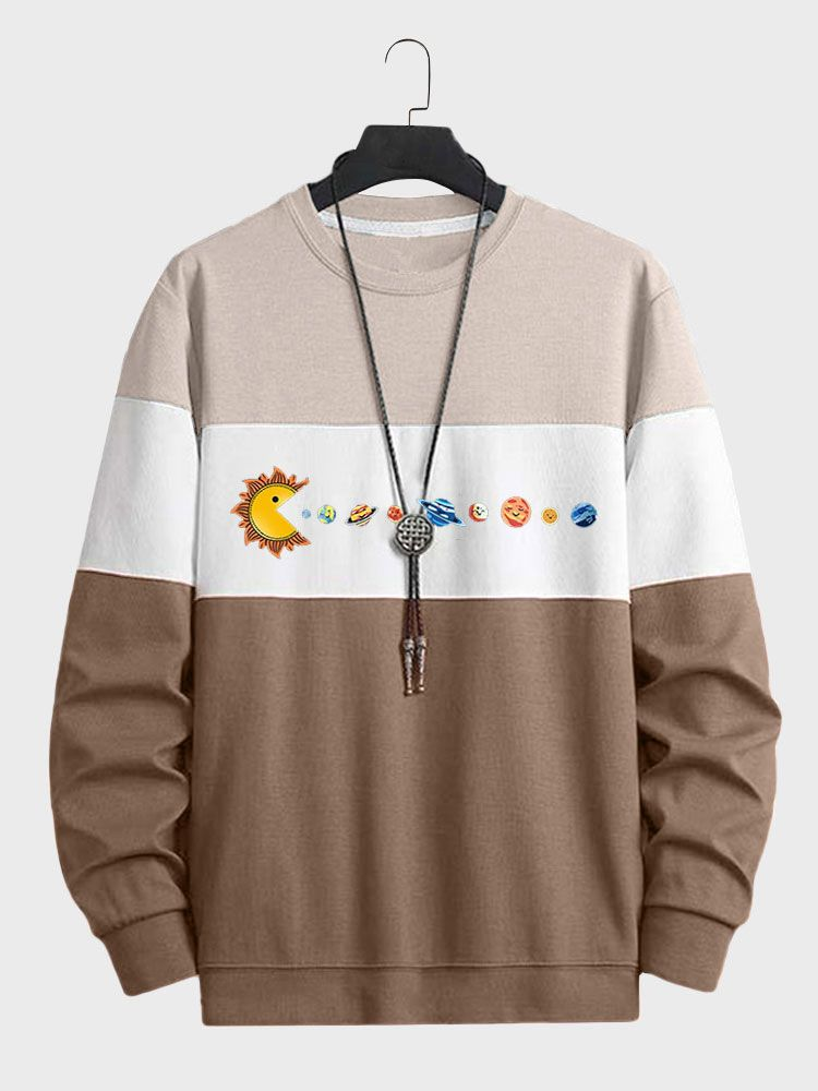 

Mens Cartoon Planet Print Color Block Patchwork Pullover Sweatshirts, Rust;black;khaki
