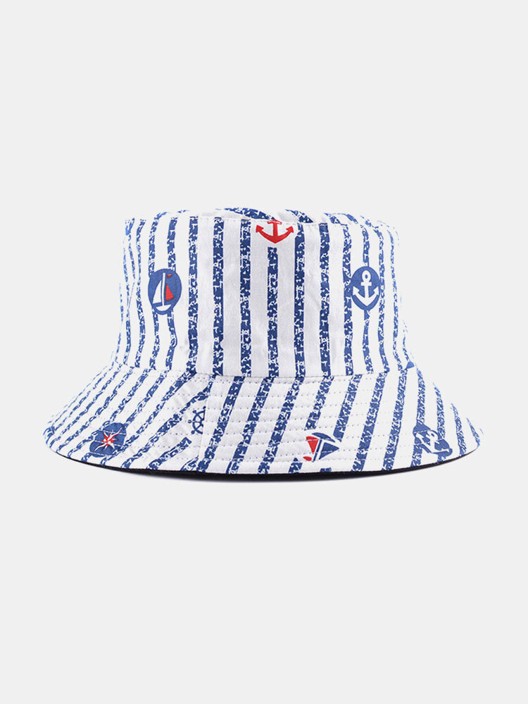 Unisex Cotton Double-sided Stripe Sailboat Anchor Rudder Printing All-match Sunshade Bucket Hat