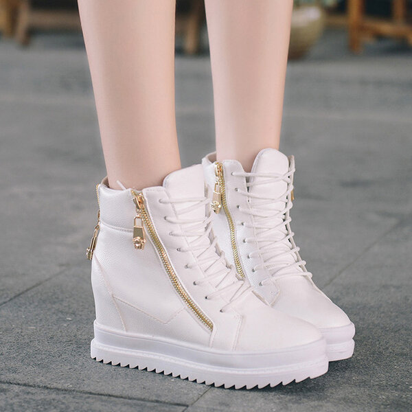 Double Zipper Lace Up Ankle Heel Increasing Boots