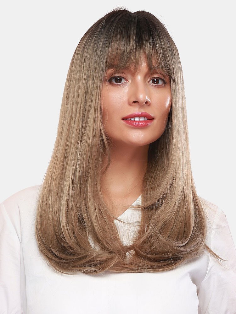 24 Inch Mixed Golden Brown Natural Straight Hair Bangs Synthetic Medium Long Hair Wig