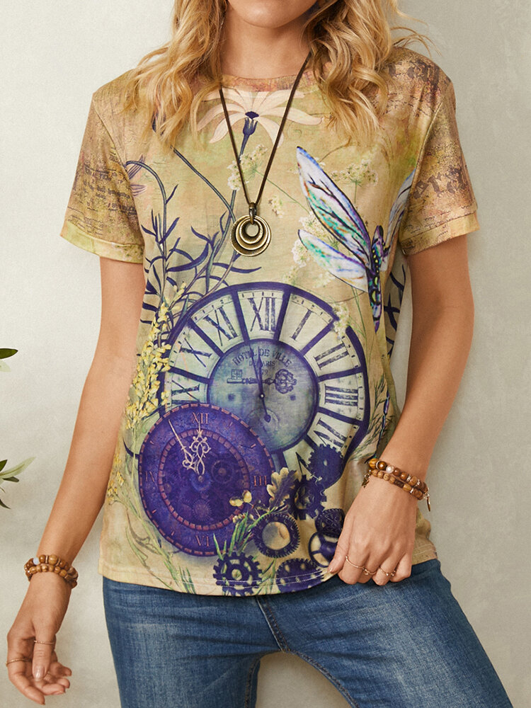 Vintage Print Short Sleeve O-neck Casual T-Shirt For Women