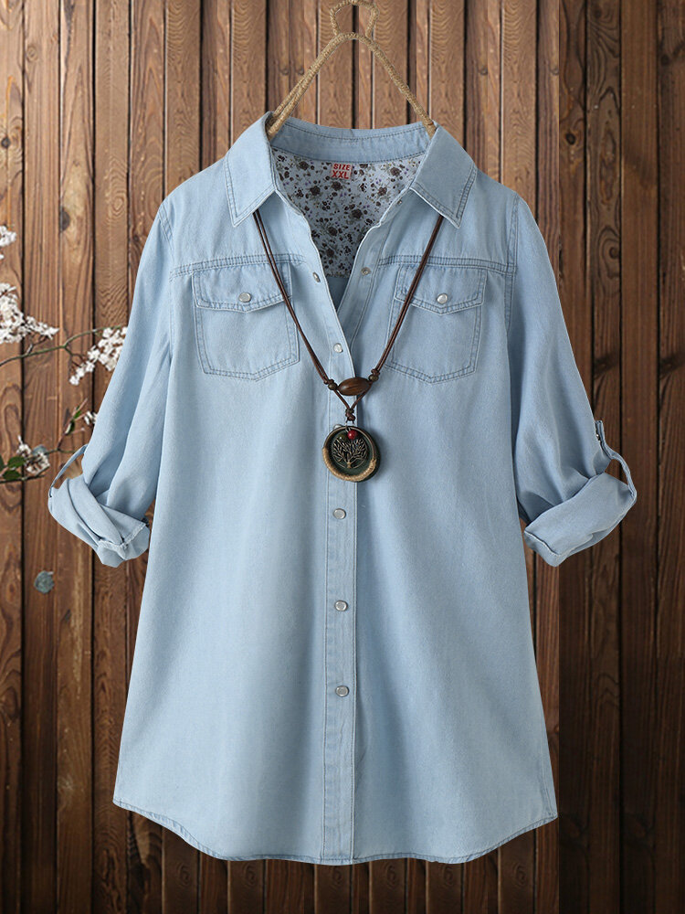 Floral Patched Washed Denim Long Sleeve Shirt Button Front Jacket