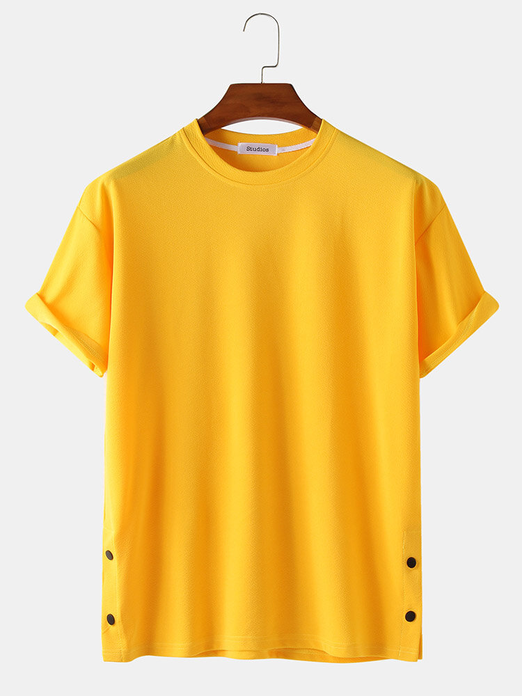 Mens Solid Color Side Snap Button Design Loose Cotton Short Sleeve T-Shirts