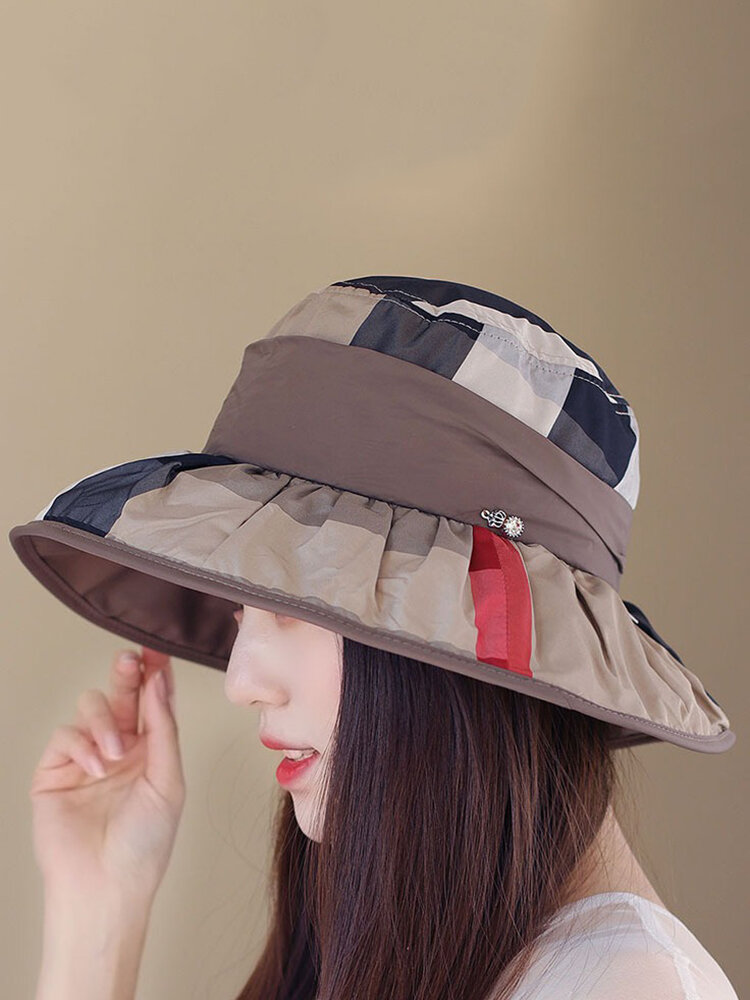Women Foldable Vintage Plaid Basin Fishmen Hat Outdoor Casual Sunscreen Bucket Hat