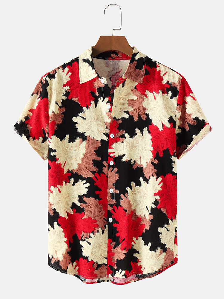 Mens All Over Leaf Print Lapel Holiday Short Sleeve Shirts
