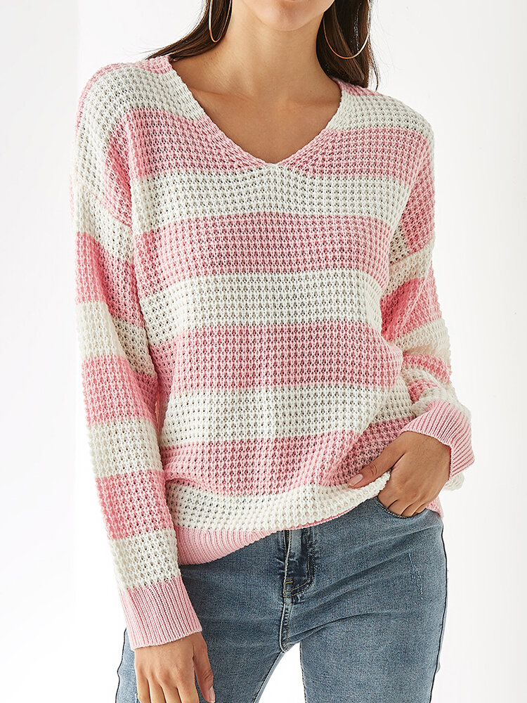 Contrast Color Striped Print Knitted Long Sleeve Casual Sweater for Women