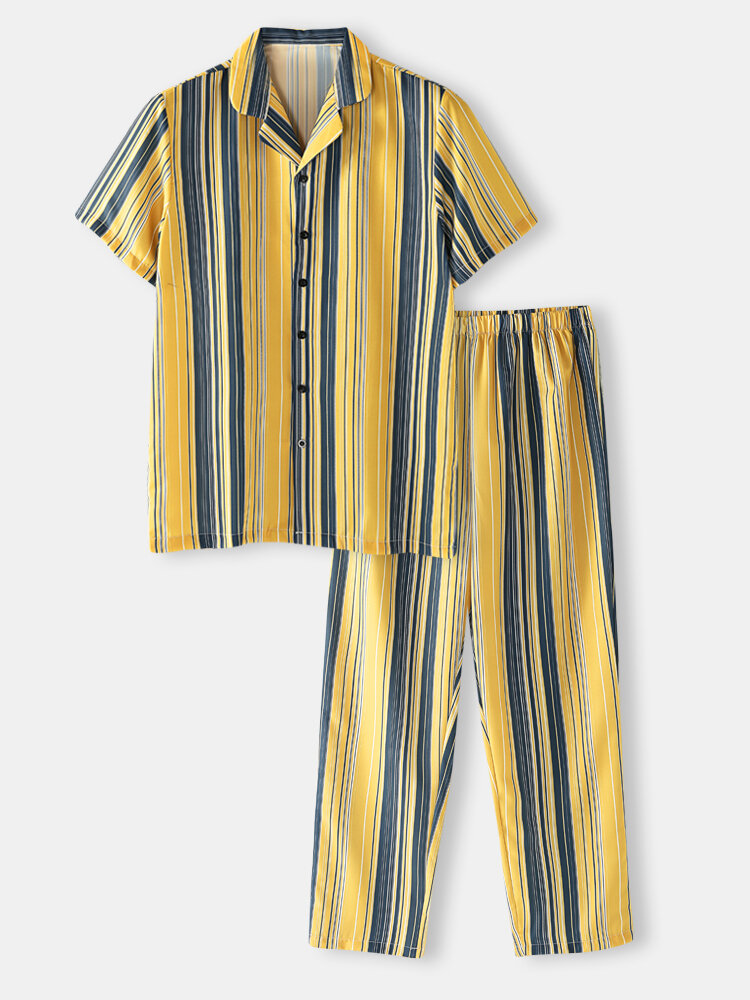 Multi Color Striped Sleepwear Short Sleeve Tops & Long Pants Comfy Pajamas Sets For Men
